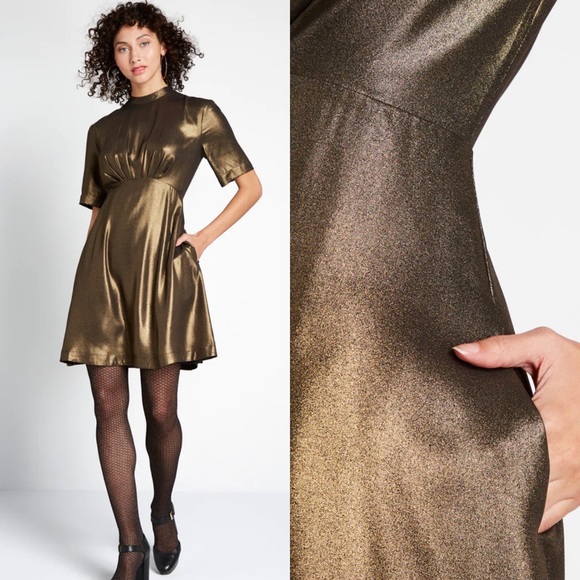 Modcloth Emily and Fin Shake and Shimmer Gold A-Line Dress - Picture 2 of 10